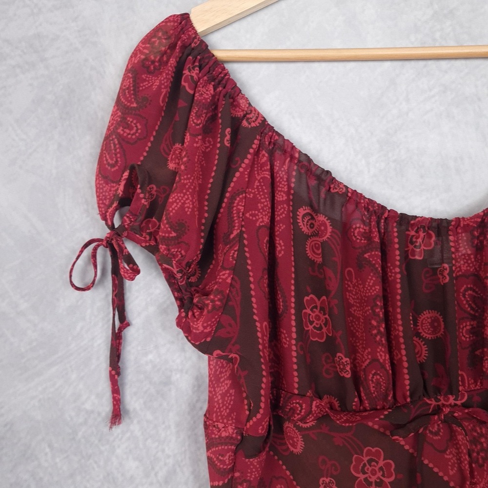 Vntg Whimsy Fairy Dress Womens Large Red Paisley Chiffon Sheer Babydoll Grunge - Picture 7 of 16